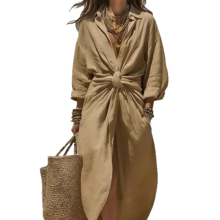 Women's Solid Color Shirt Collar Single-breasted Pocket Long Cardigans
