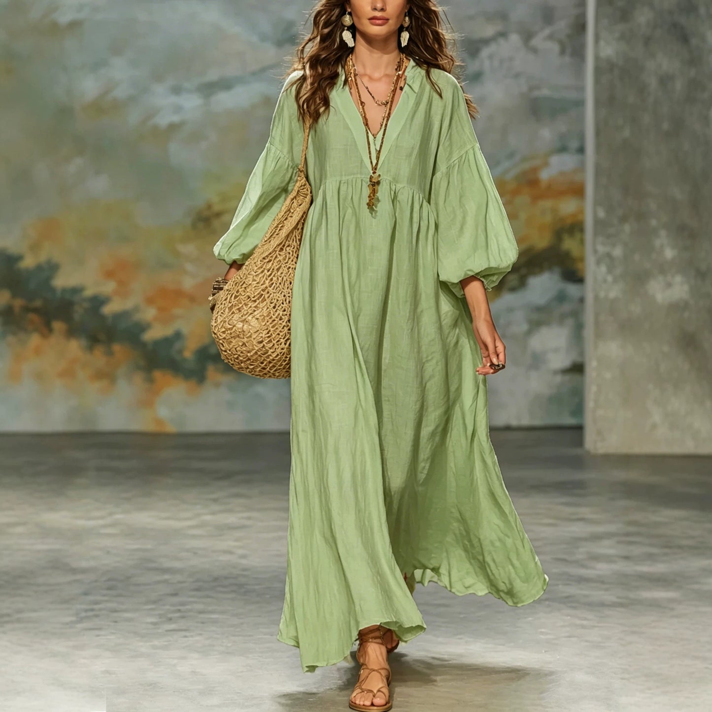 Women's Cotton Linen Deep V Lantern Sleeve Dress