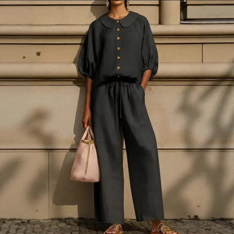 Women's Cotton Linen Lantern Sleeve Shirt Drawstring Fashion Casual Suit