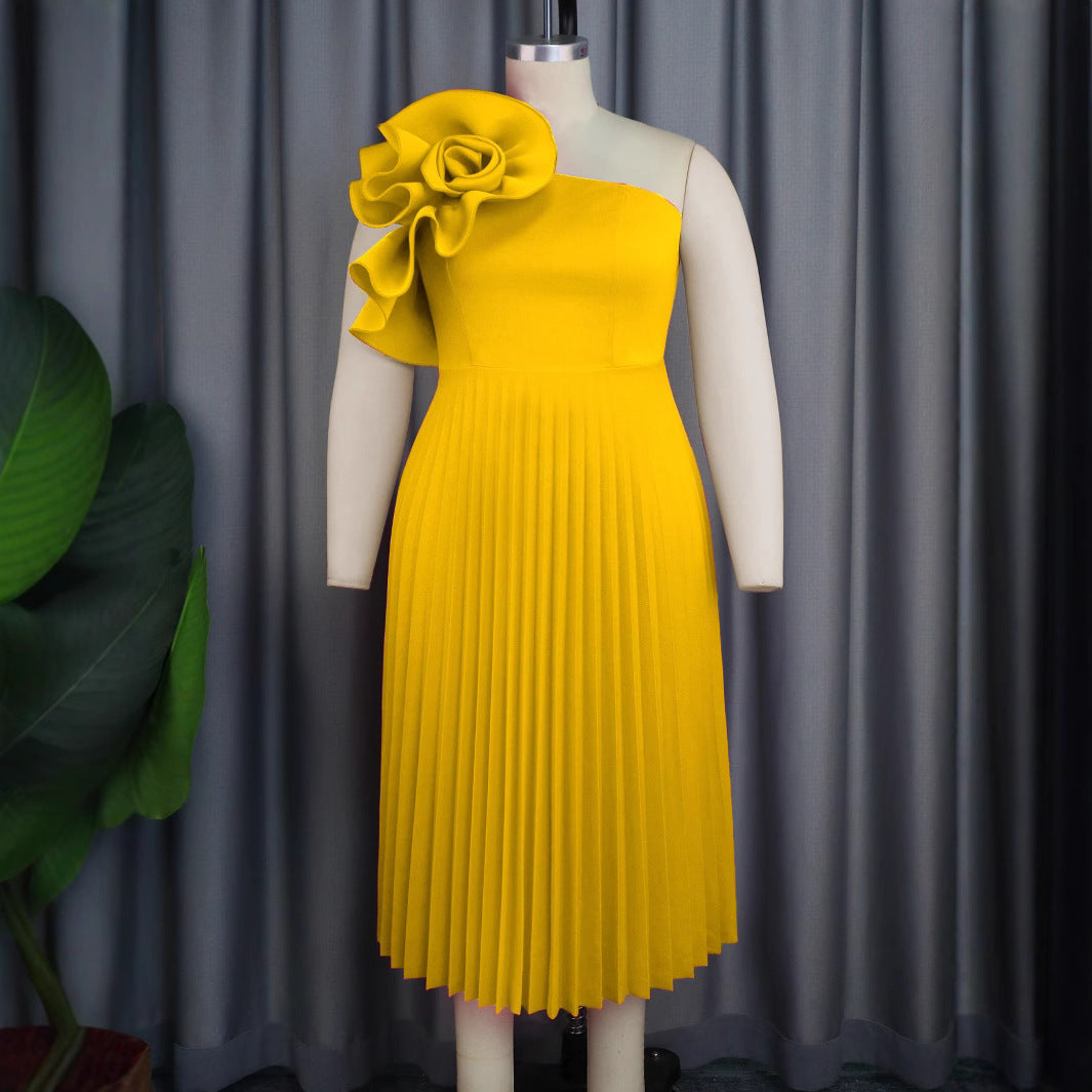 Fashion Three-dimensional Flower Dress Sexy Diagonal Dresses