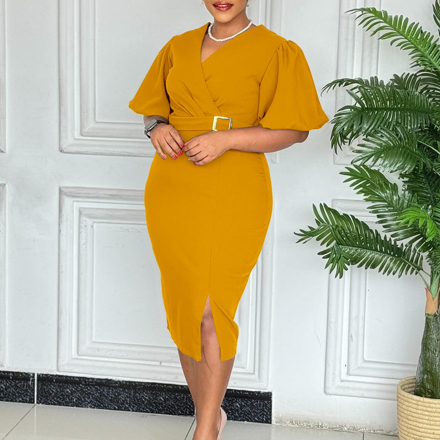 Women's Fashion Puff Sleeve Solid Color Waist Tight Split Hip Dress