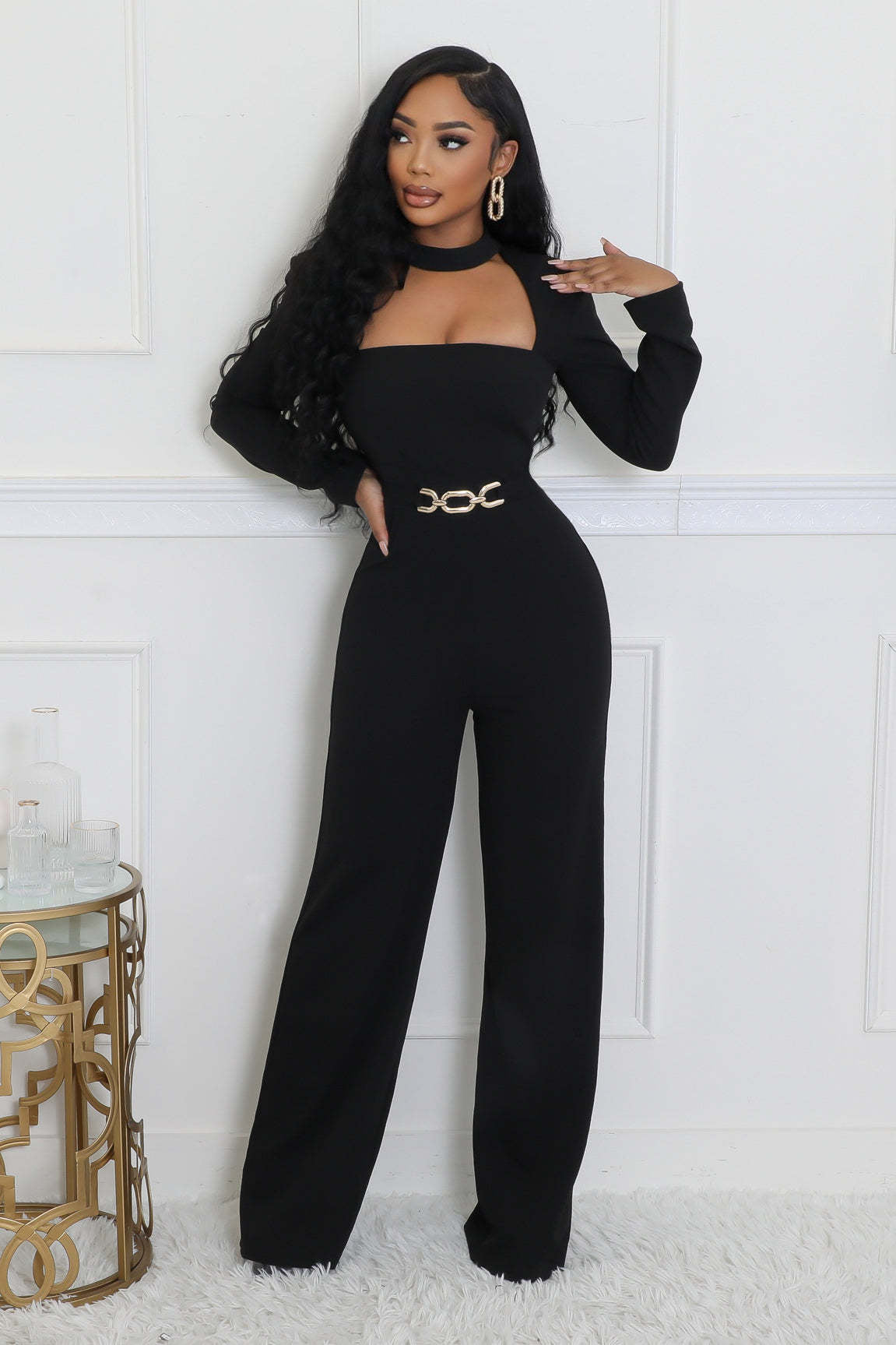Women's Elegant Personalized Scarf Long Sleeve Wide Jumpsuits