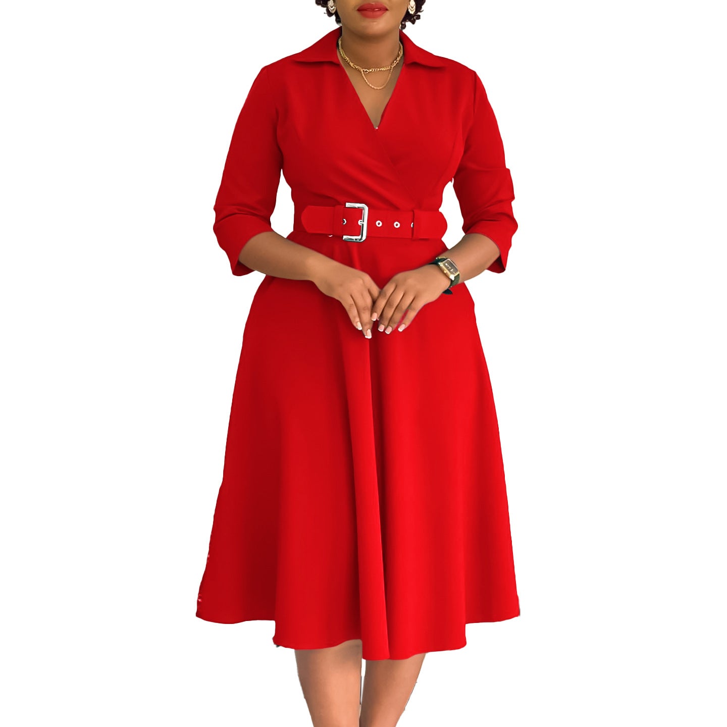 Women's Autumn Lapel Fashion Temperament Pure Color Big Dress