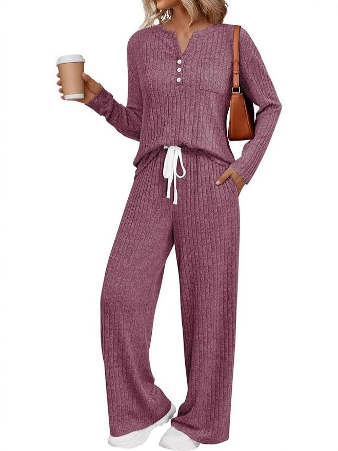 Women's Sunken Stripe Brushed Outerwear Home Pajamas Fashion Casual Suit