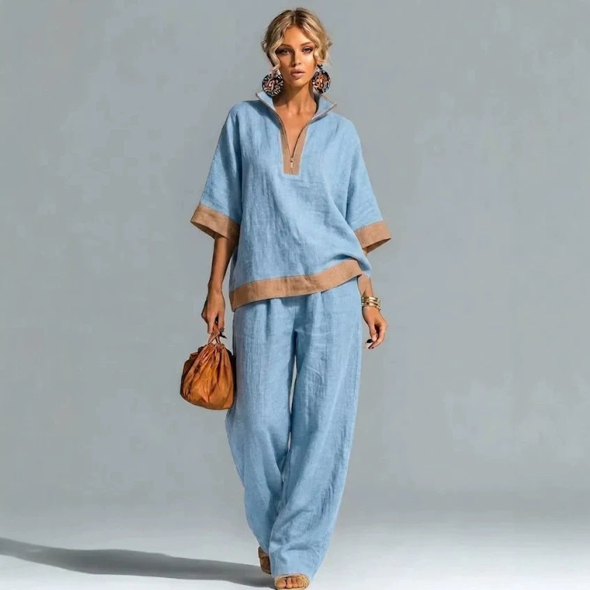 Women's Color Half Zipper Cotton Linen Half-sleeve Fashion Casual Suit