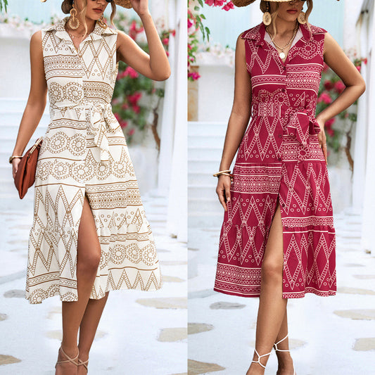 Versatile Women's Shirt Collar Sleeveless Long Dress