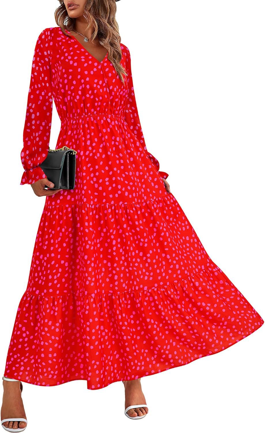 Women's Collar Elastic Waist Printed Casual Long Dresses
