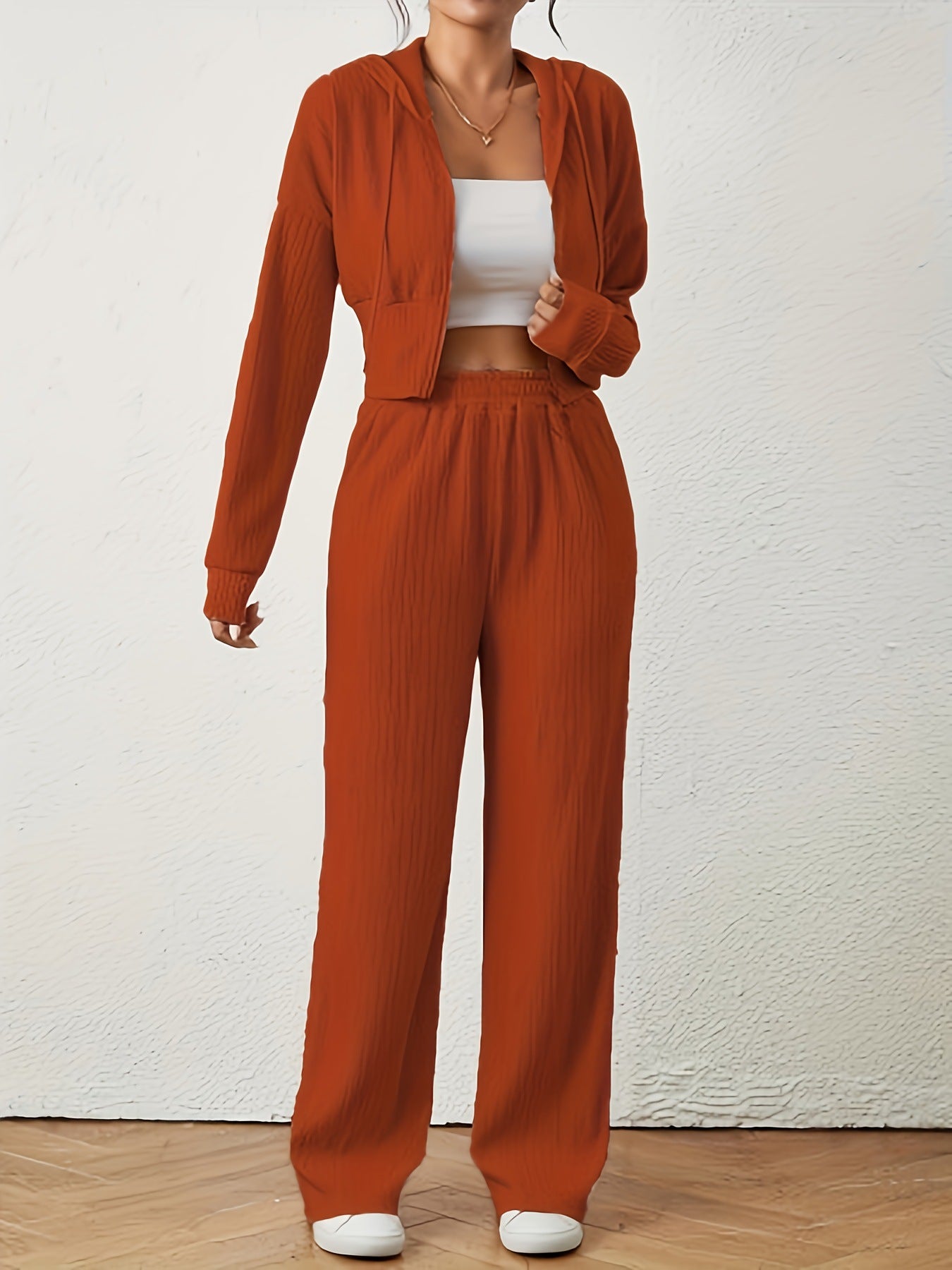 Color Texture Two-piece Long Sleeve Drop Shoulder Zipper Hoodie With Suits