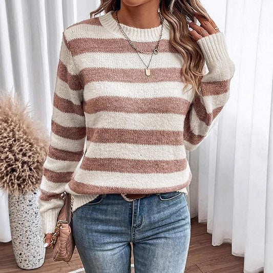 Women's Neck Striped Cute Color Matching Pullover Sweater