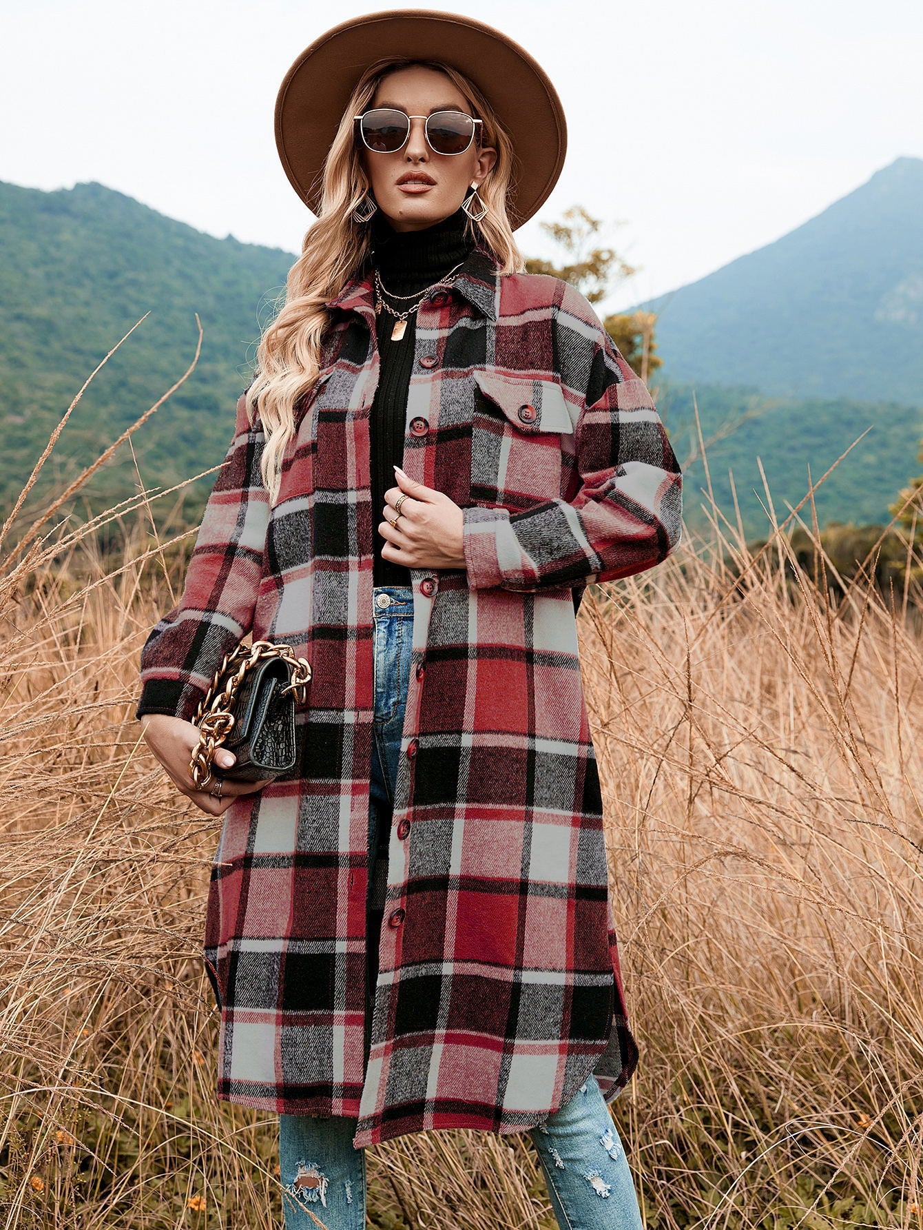Women's Elegant Long Trench Lapel Pocket Plaid Coats