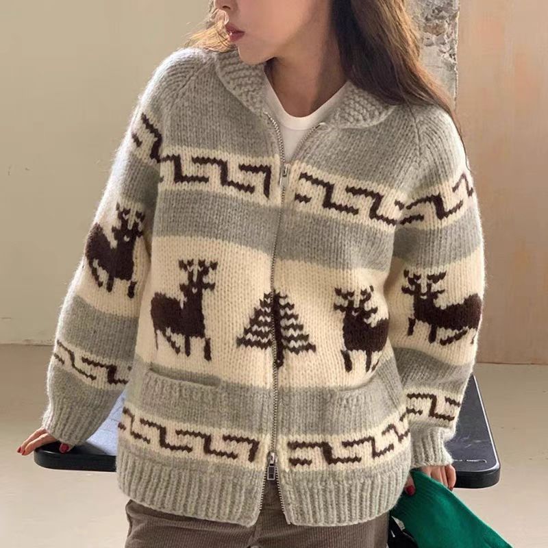 Women's Christmas Temperament Lapel Double Open Zipper Pattern Jacquard Sweater