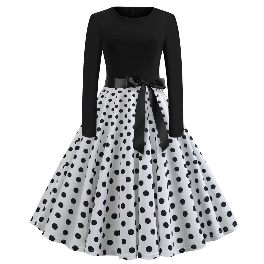 Women's Vintage Printed Long Sleeve Round Neck Sexy Mid-length Dress