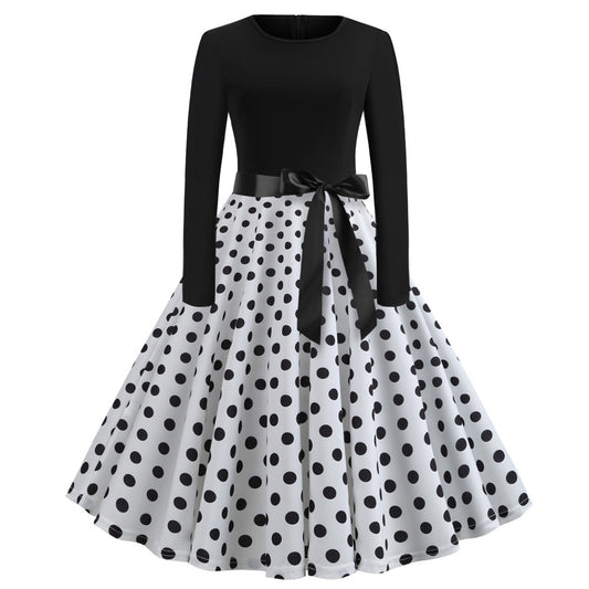 Women's Vintage Printed Long Sleeve Round Neck Sexy Mid-length Dress