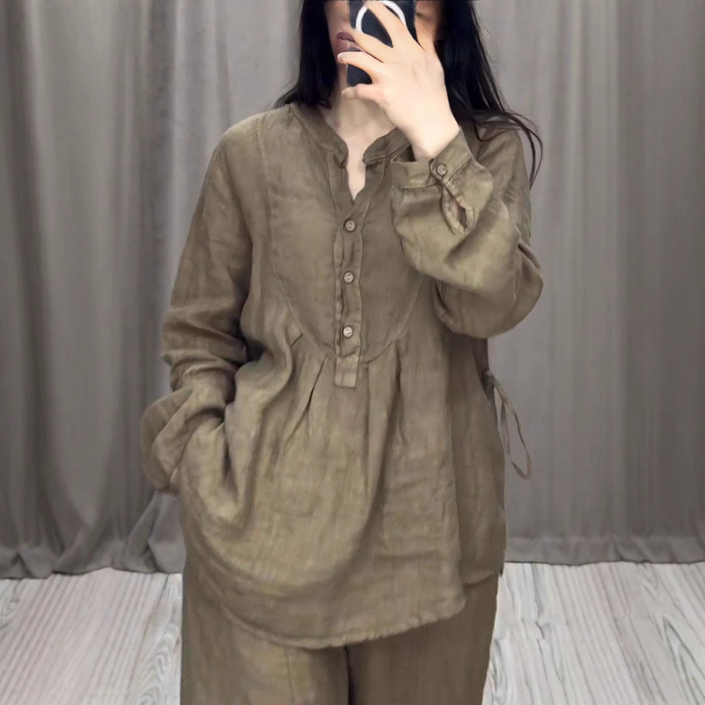 Cotton Linen Long Sleeve Half Pleating Wide Cardigans