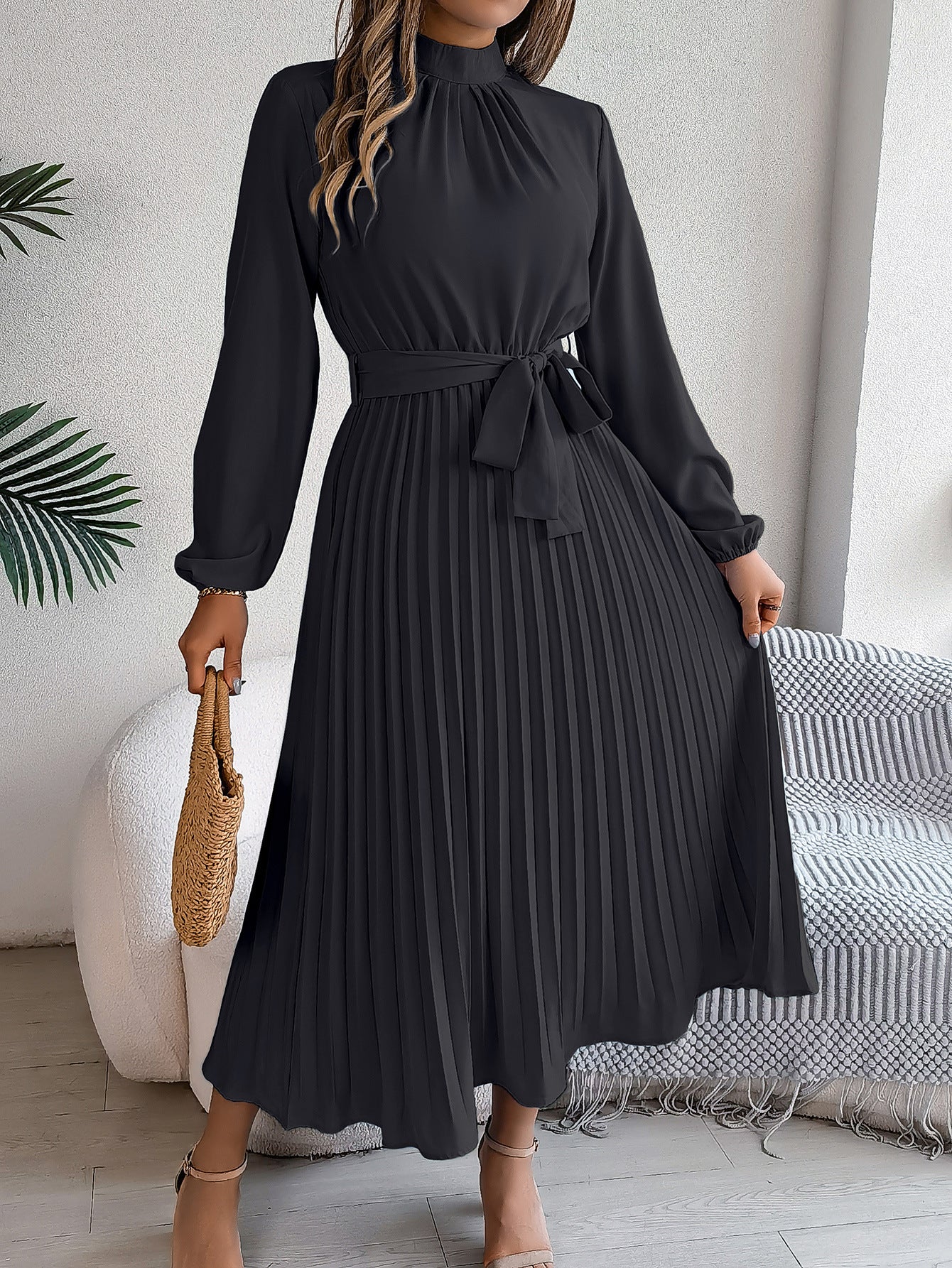 Women's Stand Collar Long Sleeve Cinched Pleated Clothing