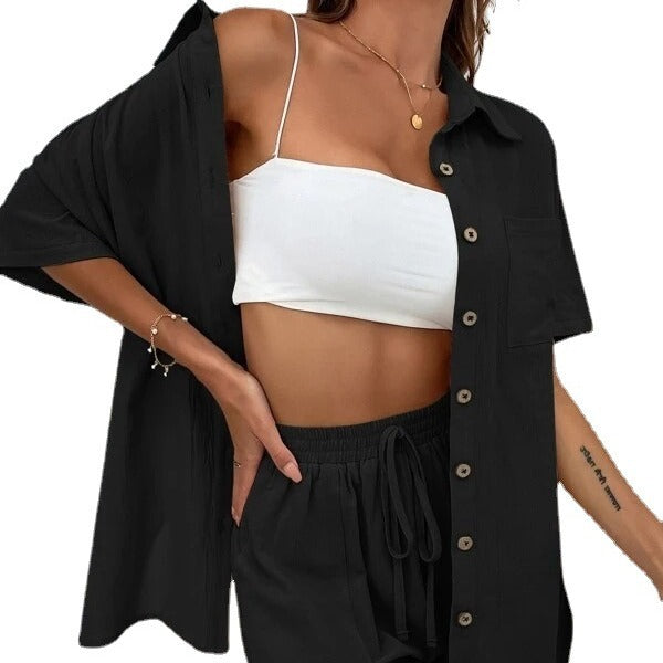 Women's Two-piece Solid Color Shirt Outfit Casual Loose Clothing