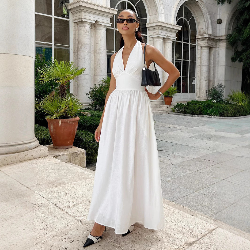 Women's Temperament Pure Color Backless Large Hem Dress