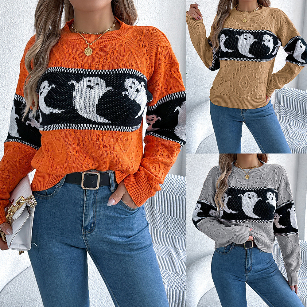 Women's Halloween Theme Ghost Contrast Color Long Sleeves Sweater