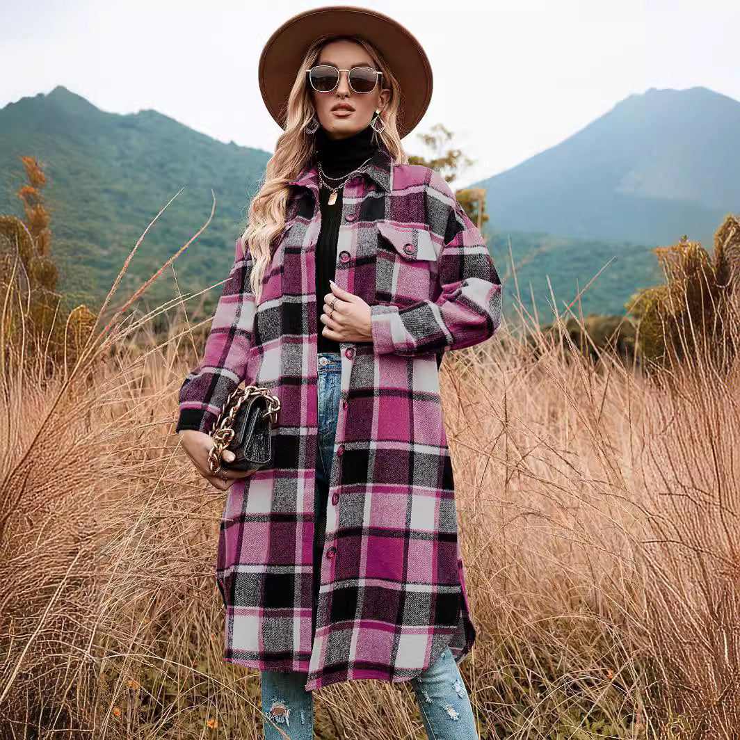 Women's Elegant Long Trench Lapel Pocket Plaid Coats