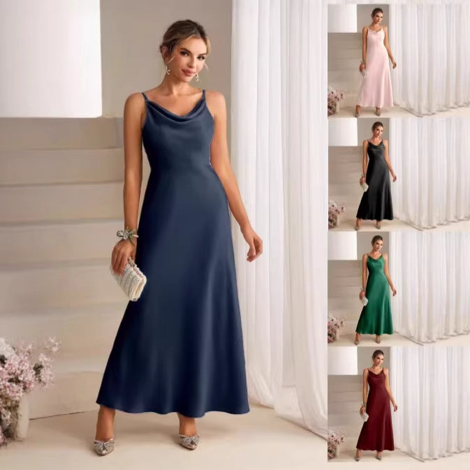 Solid Color Sling Bridesmaid Long Slim Fit Slimming Formal Dress