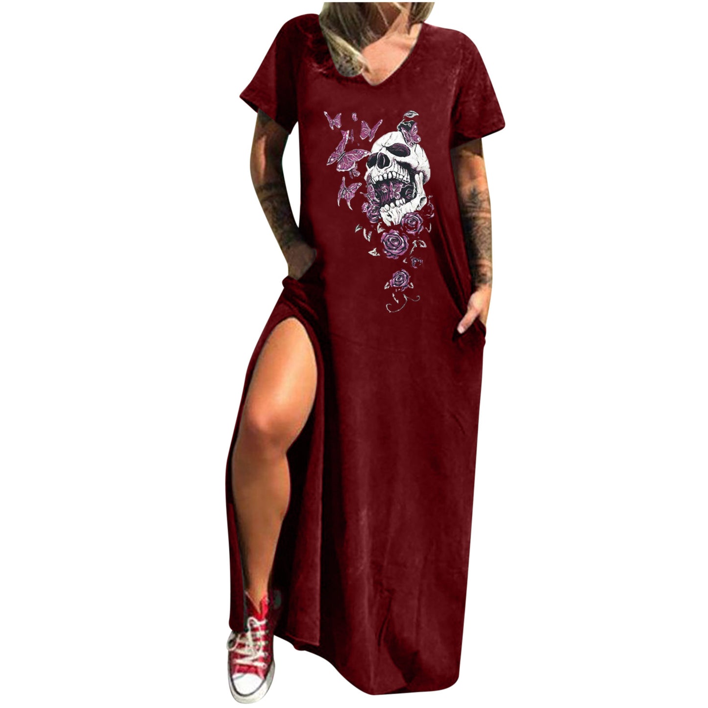 Skull Print Street Fashion Sleeve Slit Shorts