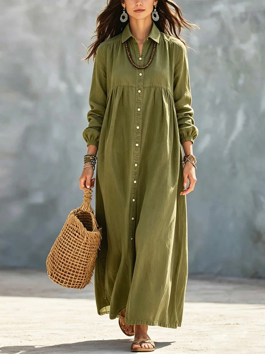Women's Color Shirt Loose Button Lapel Casual Long Dress