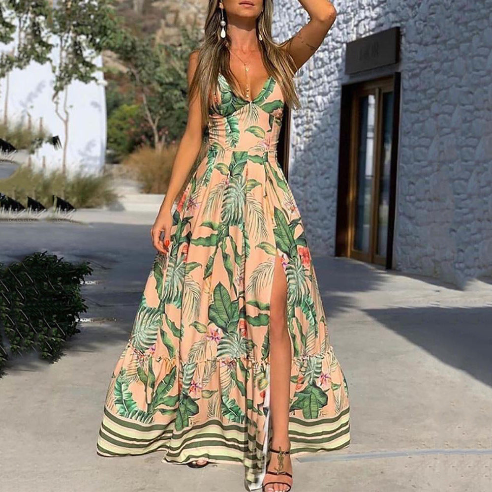 Women's Summer Collar Floral Print Leaves Beach Dress