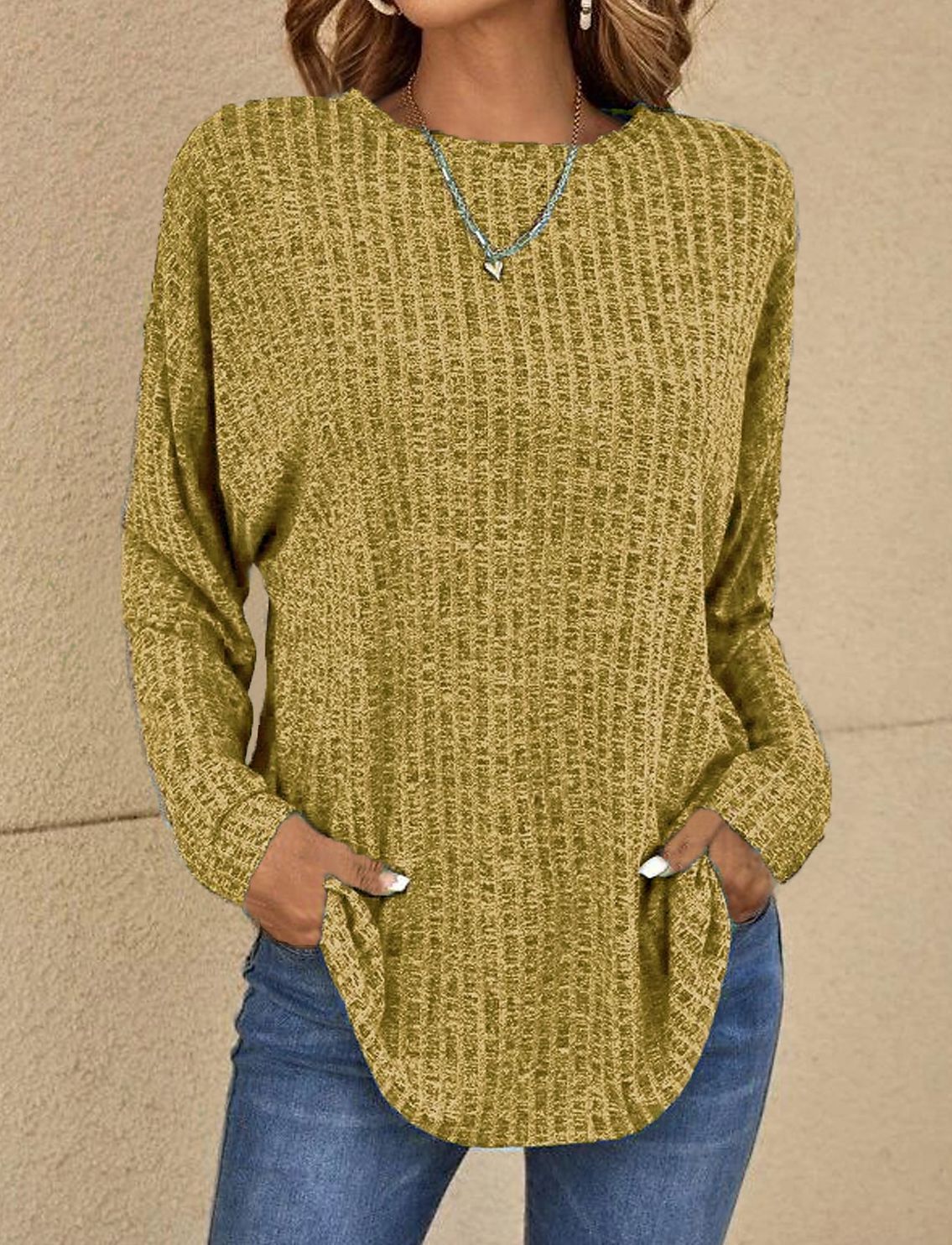Women's Long Sleeve Round Neck Sunken Stripe Blouses