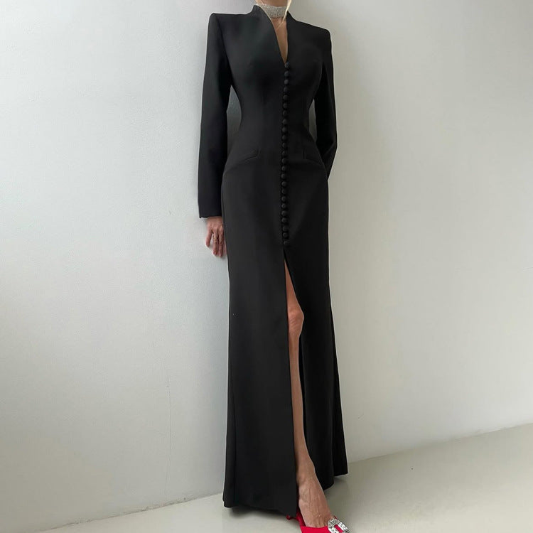 Women's Long Sleeve Temperament High Waist Split Dresses