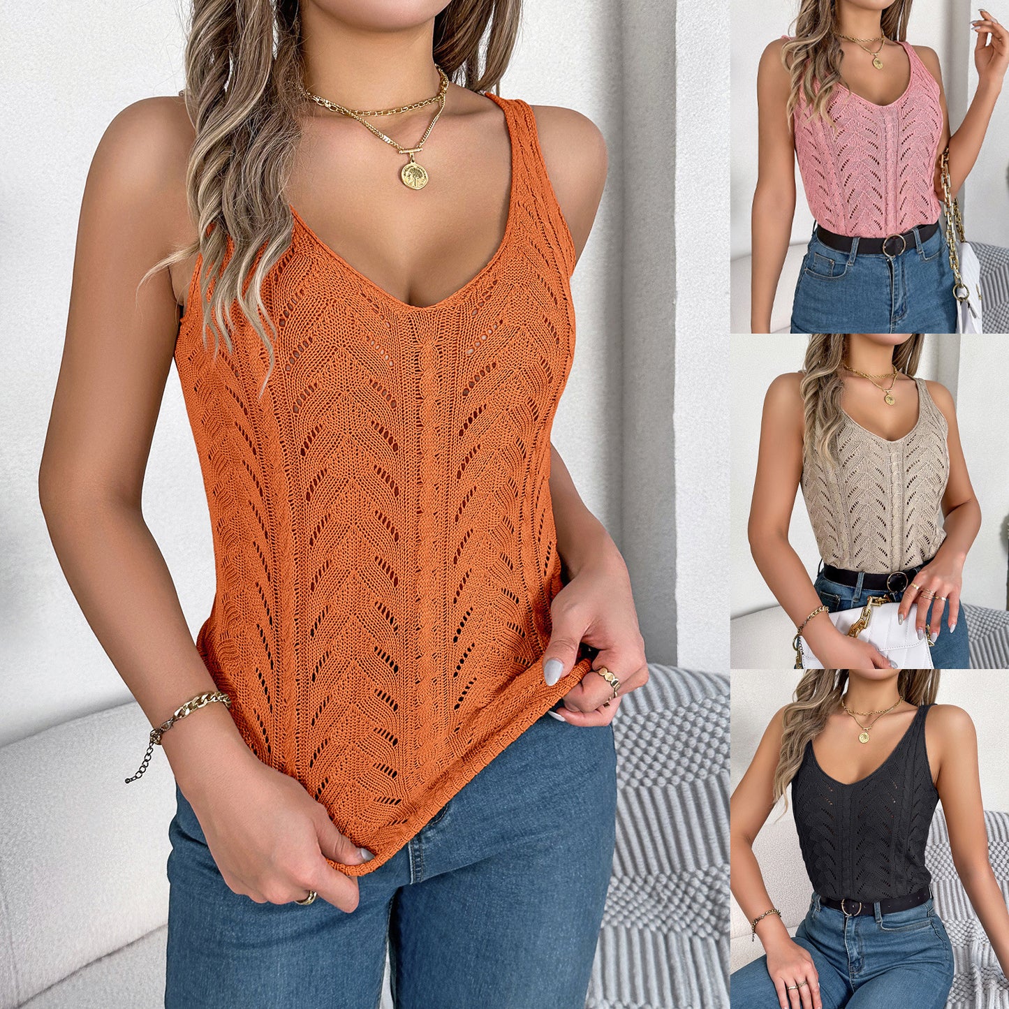 Women's Solid Color Hollow Out Sleeveless Holiday Women's Sweater