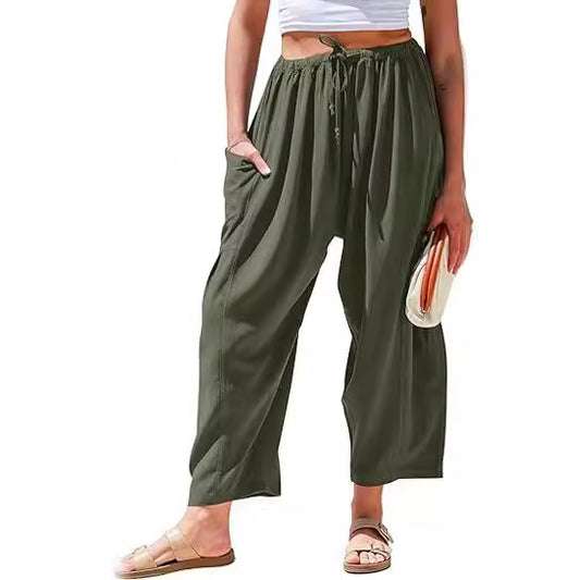 Women's Waist Pleated High Wide Leg Loose Harem Cotton Pants