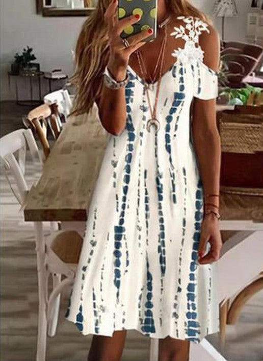 Women's Summer Lace Ruffled Sleeves Printed Dress Dresses