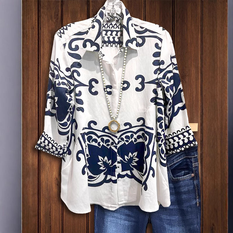 Women's Retro Black White Square Scarf Printed Shirt Court Blouses