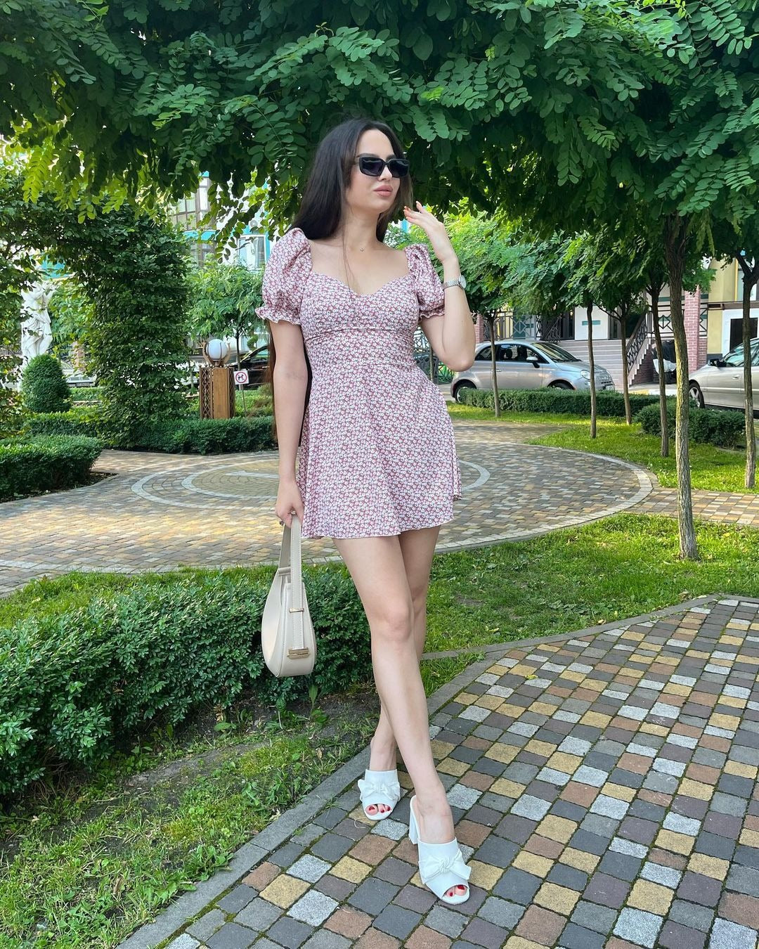Women's Vintage Floral High Waist Puff Sleeve Dress