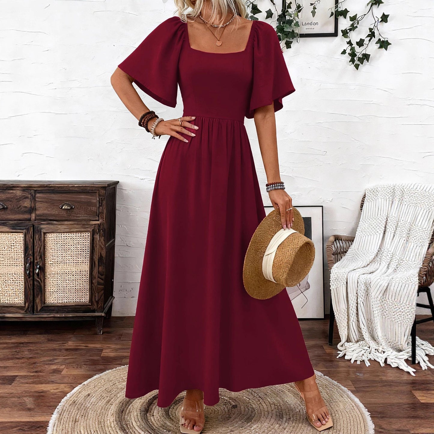 Women's Bohemian Style Square Collar Fashionable Elegant Ruffle Sleeve Dress