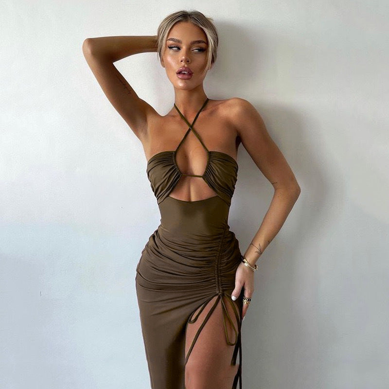 Women's Sexy Push-up Halter Pleating High Slit Dress