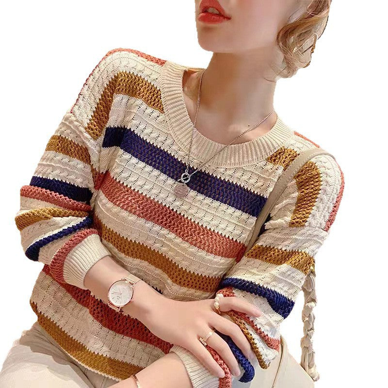 Women's Contrast Color Bat Sleeve Shirt Rainbow Bar Long Hollow Out Sweaters