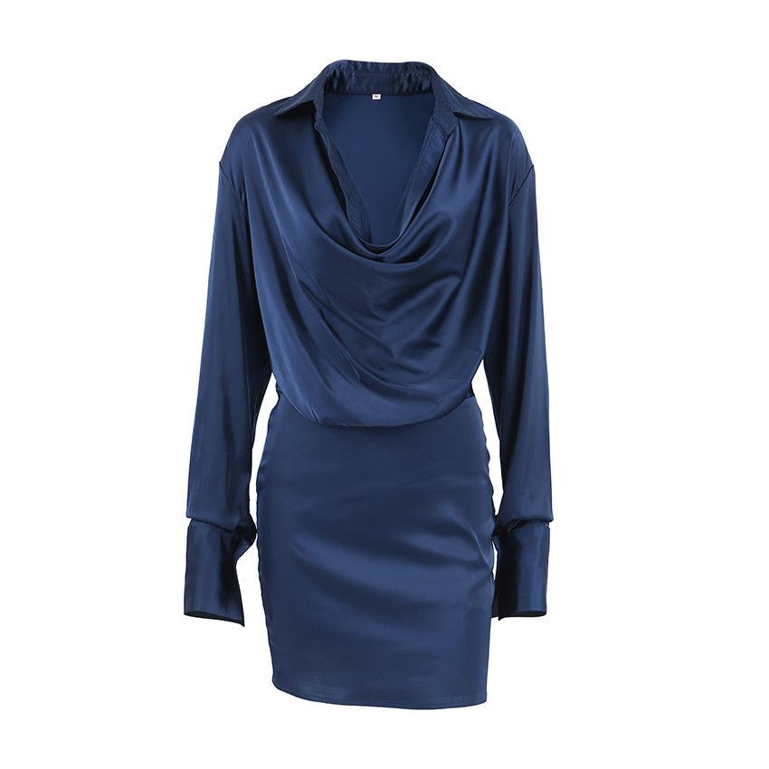 Women's Elegant Blue Thin Soft Matte Satin Dresses