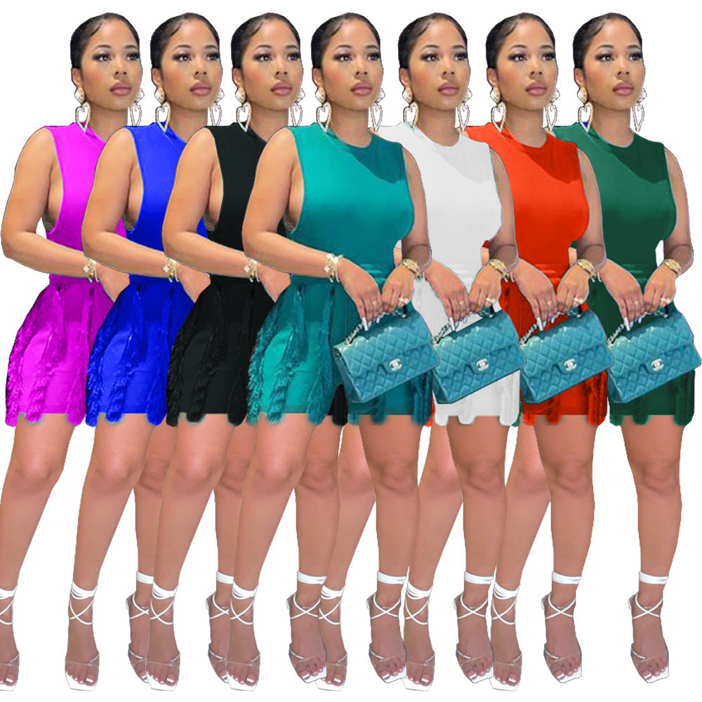 Women's Sleeveless Drawstring Tassel Casual Solid Color Dresses