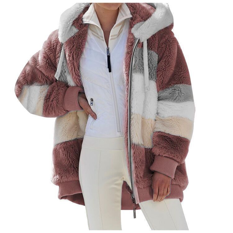 Women's Warm Plush Patchwork Zipper Pocket Hooded Coats