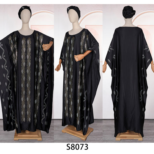 Women's African Wear Dress Rhinestone Silk Satin Batwing Sleeve Long Dresses