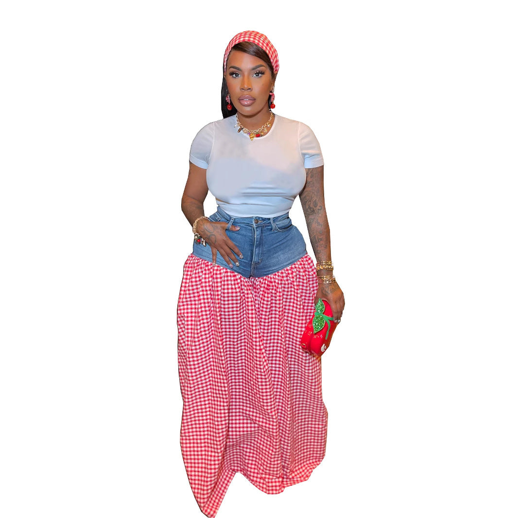 Women's Striped Denim Stitching Plaid High Waist Loose Pants