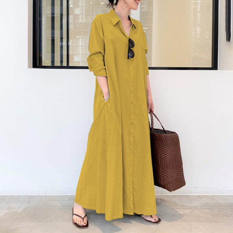 Solid Color Lapel Long Sleeve Pocket Simple Loose Dress