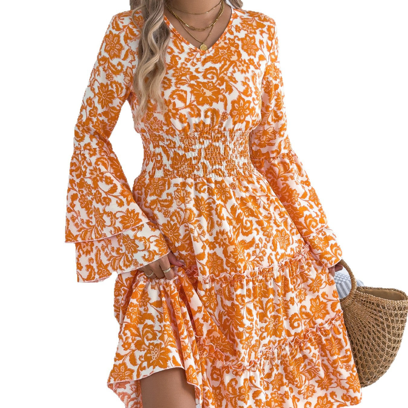 Women's Retro Trumpet Sleeve Wooden Ear Waist A- Clothing