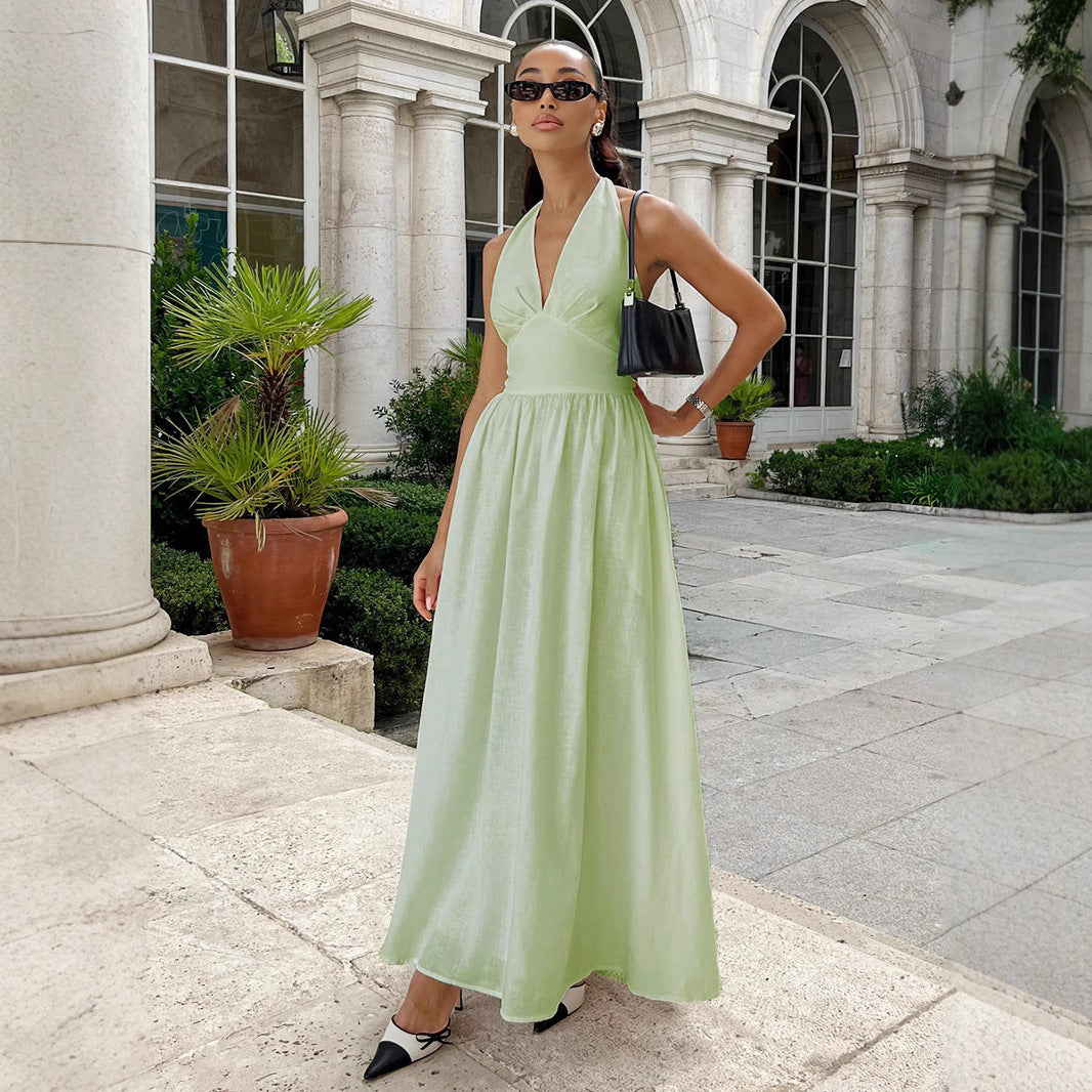 Women's Temperament Pure Color Backless Large Hem Dress