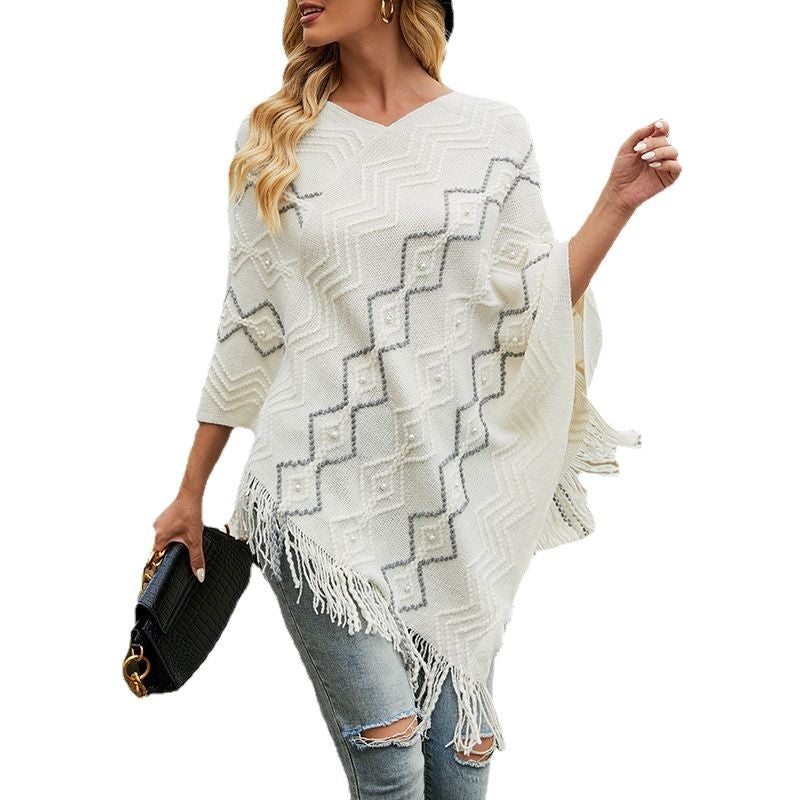 Women's Autumn Wave Striped Cloak Tassel Inverness Clothing