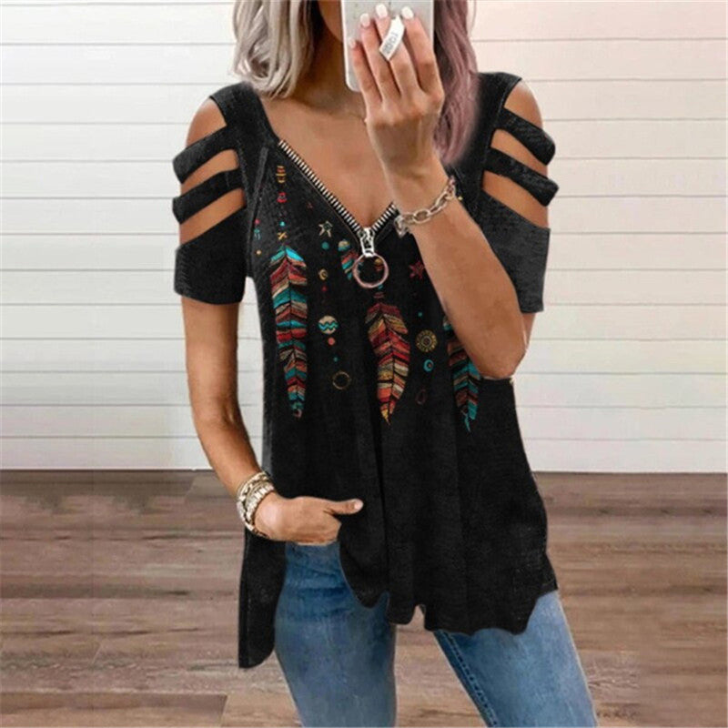 Women's Collar Zipper Pullover Sleeve Loose T-shirt Blouses