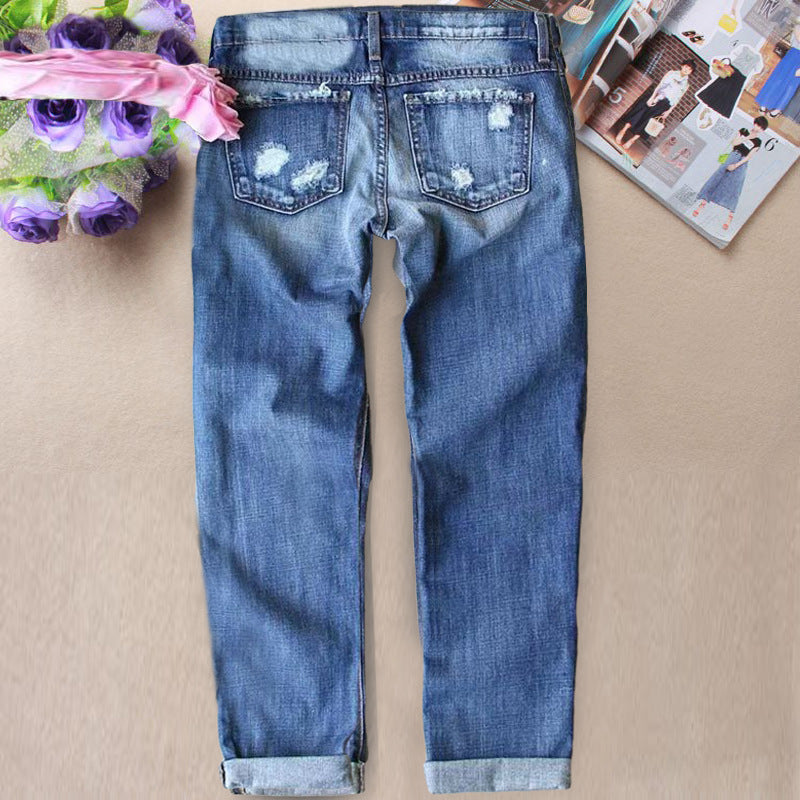 Women's Baseball Fashion Holes Printed Straight Casual Jeans