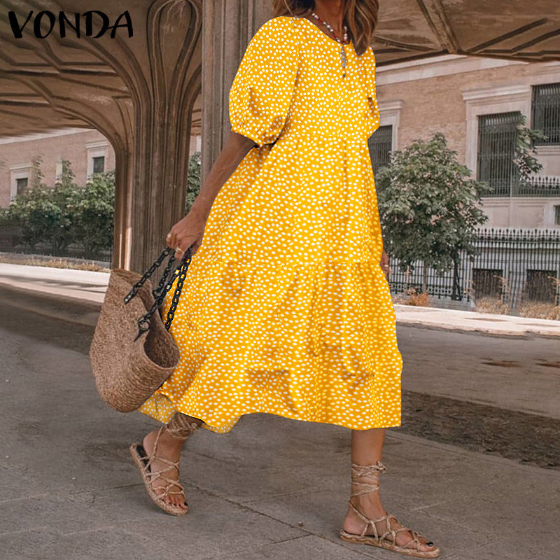 Women's Mid-length Casual Long Sleeve Plaid Frill Loose Dresses