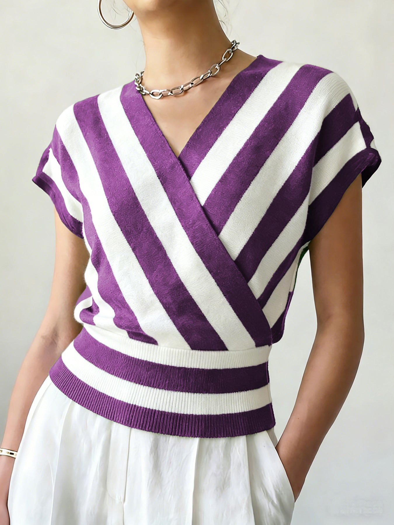 Women's Striped Cross Collar Waist Design Daily Sweaters